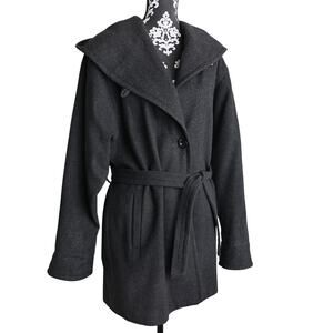 Women's Vintage 80s/90s Charcoal Donny Brook Wool Belted Hooded Coat - Size 12
